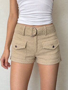 Moon River Light Tan Mini Belted Shorts